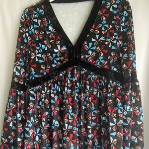 Y2K TOLEVER boho ribbon print velour baby doll blouse  SX  M